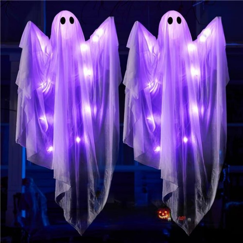 35.5” Halloween Hanging Light up Ghost with Purple LED Light, 2 Pcs White Ghosts